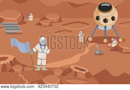 Space Explorers In Spacesuits Making Researches Vector Flat Illustration. Astronauts And Rovers Walk