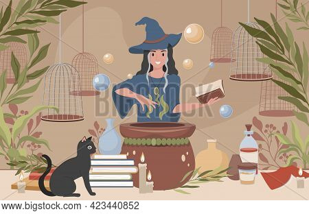 Happy Smiling Woman In Witch Hat And Blue Dress Preparing Magic Poison Using Book Vector Flat Illust