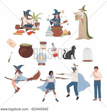 Set Of Happy Witches And Wizards And Magic Items Vector Flat Illustration Isolated On White Backgrou
