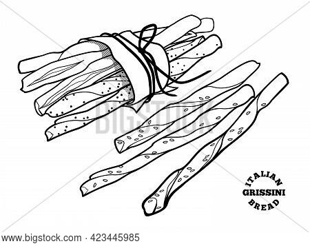 Italian Bread Grissini. Vector Outline Illustration In Doodle Style For Cafe And Bakery Menu Or Logo