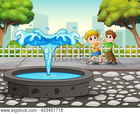 Cartoon Illustration Of Two Boys Fighting And Hitting Each Other