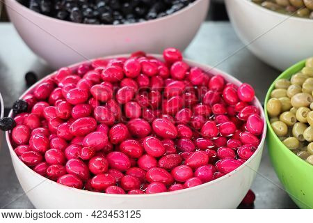 Pink Pickled Olives In White Bowls At The Oriental Bazaar, Alanya, Turkey, April, 2021