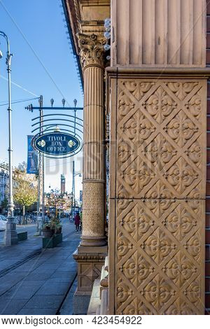 Copenhagen, Denmark - Oct 21, 2018: Stone Wall Corner With Ornate European Design And Styling Along 