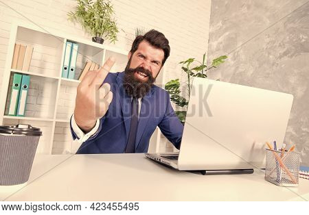 Man Aggressive Director Work Online Laptop Modern Office, Hatred And Disdain Concept