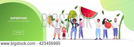 Mix Race People Holding Different Vegetables And Fruits Healthy Lifestyle Vegan Fresh Superfood Conc