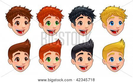 Volti di ragazzi. Diversi tipi di acconciature e colori. Caratteri vettoriali isolato.
