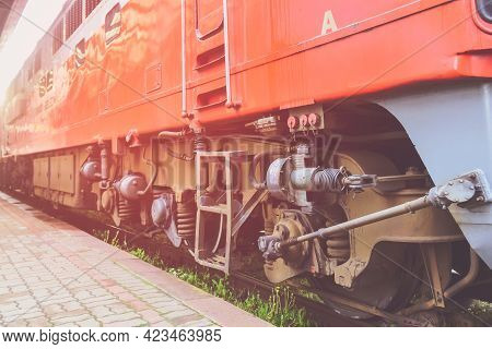 Red Old Passenger Train Lower Parts.train Mechanics.lithuania Railway Industry.