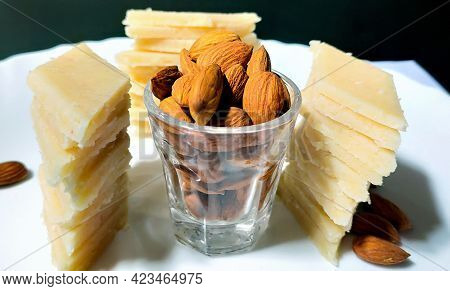 Badam Katli Is A Diamond Shape Indian Sweet With Almonds Made Using Almonds, Sugar And Mava, Served 