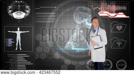 Composition of male doctor over virtual screen with medical icons. global medicine and digital interface concept digitally generated image.