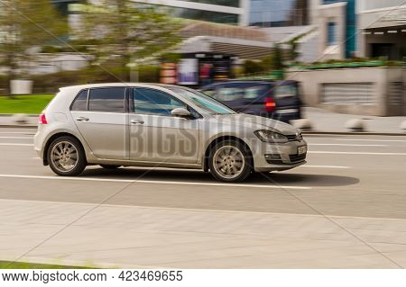 Moscow, Russia - May, 2021: Volkswagen Golf Mk7 Five Door Hatchback Is Driving At High Speed