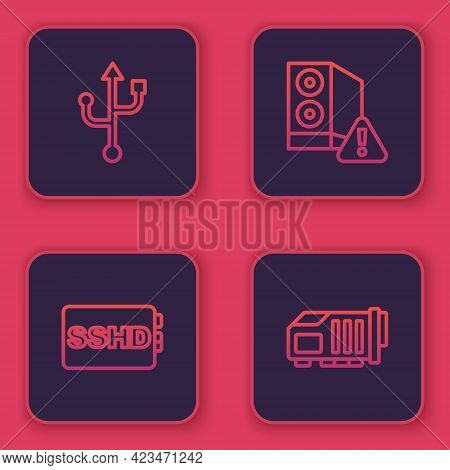 Set Line Usb, Sshd Card, Case Of Computer And Video Graphic. Blue Square Button. Vector