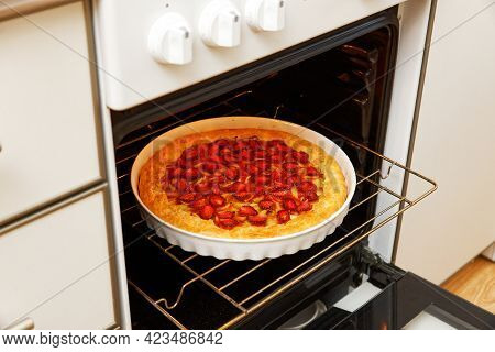 Closeup Homemade Gallet With Strawberries And Rhubarb  Baked In A Home Oven. Shallow Focus.