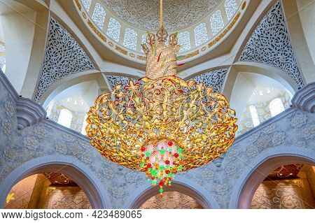 Abu Dhabi, United Arab Emirates - May 17, 2018: The Crystal Chandeliers Inside The  Sheick Zayed Gra