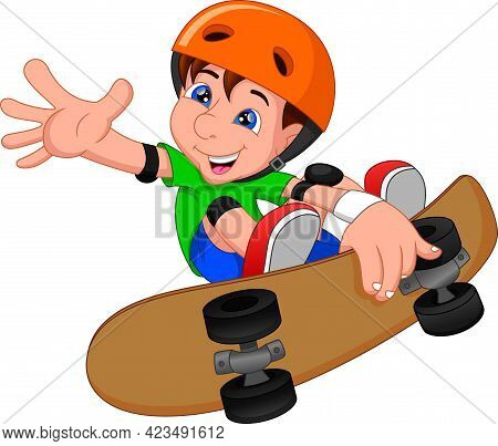 Boy Is Playing Skate Board On White Background