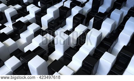 Rows Of Bright 3d Render Squares Different Heights. Technocratic Construction Background With Geomet
