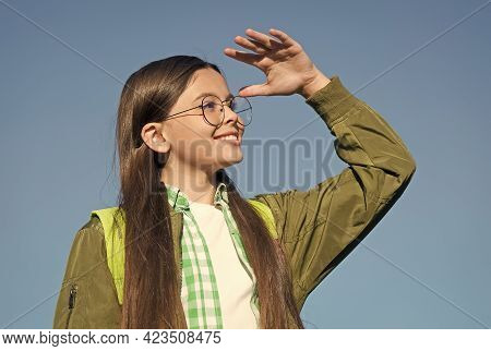 What A Sight. Happy Girl In Glasses Look Into Distance On Blue Sky. Sense Of Sight. Vision Care And 