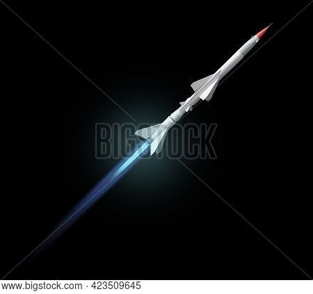 Flying Multistage Space Rocketwith Fire Trail. Isolated On Black Background
