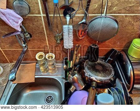 Belgrade, Serbia, December 12, 2020 Kitchen, Countertop With Sink, Top View. Home Daily Life. The Wa