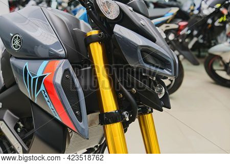 Lima, Peru - June 12, 2021: Motorcycles In The Showroom Yamaha Shop. New Motorbikes And Accessories 