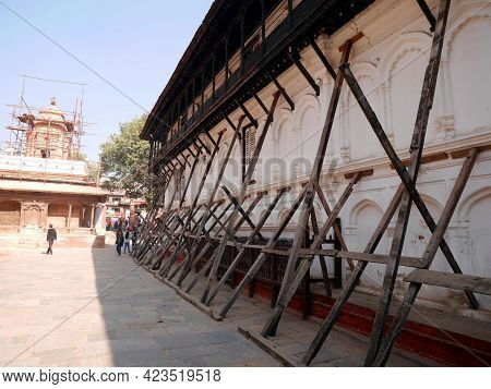 Nepali Worker People Renovate Repair Build Scaffolding Structure Ancient Ruins Antique Building Of H