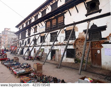 Nepali Worker People Renovate Repair Build Scaffolding Structure Ancient Ruins Antique Building Of H