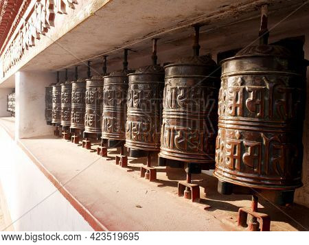 Metal Brass Prayer Wheels On Wall Of Hariti Shrine Or Ajima Hindu Temple At Swayambhunath Pagoda Or 