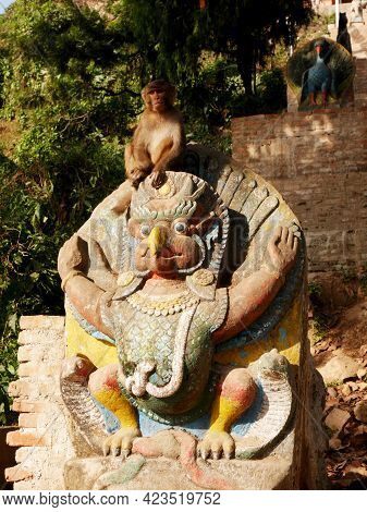 Sculpture Carving Stone Figure Garuda Or Galon Or Nan Belu Guardian At Ancient Antique Of Swayambhun