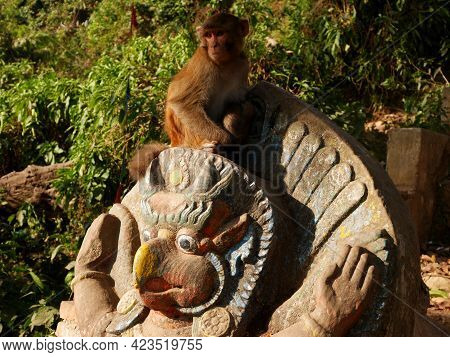 Sculpture Carving Stone Figure Garuda Or Galon Or Nan Belu Guardian At Ancient Antique Of Swayambhun
