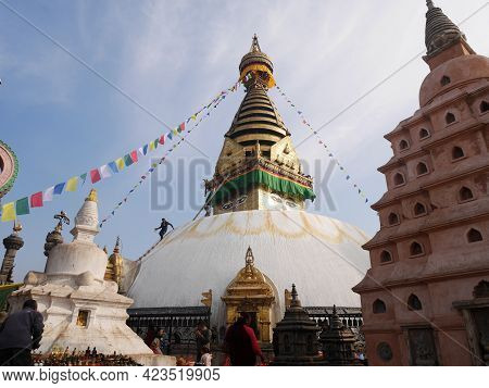Swayambhunath Pagoda Or Swayambu Chedi Or Swoyambhu Stupa Or Monkey Temple And Eyes Of Lord Buddha F