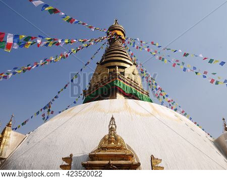 Swayambhunath Pagoda Or Swayambu Chedi Or Swoyambhu Stupa Or Monkey Temple And Eyes Of Lord Buddha F