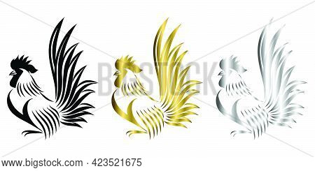 Vector Line Art Illustration Logo Of A Bantam It Is Standing There Are Three Color Black Gold And Si