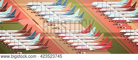 Airport Terminal With Parked Airplanes At Taxiway Coronavirus Pandemic Quarantine Covid-19 Concept