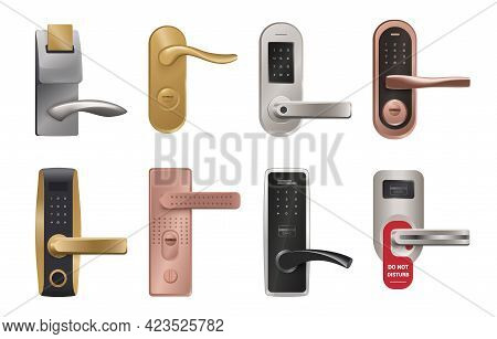 Door Handle. Realistic Knob And Lock With Pin Code, Biometry And Nfc Key. Home Metallic Doorways Fur