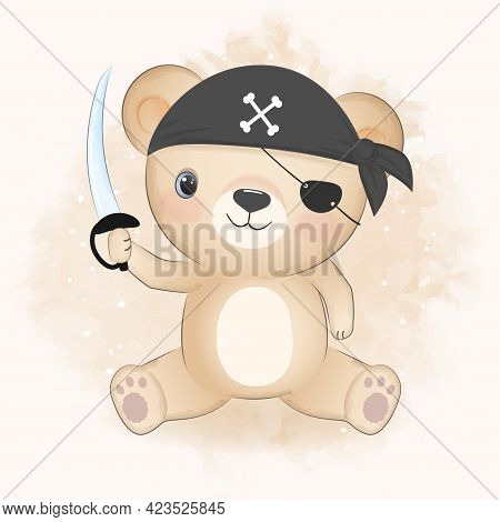 Cute Pirate Bear Hand Drawn Cartoon Animal Watercolor Illustration