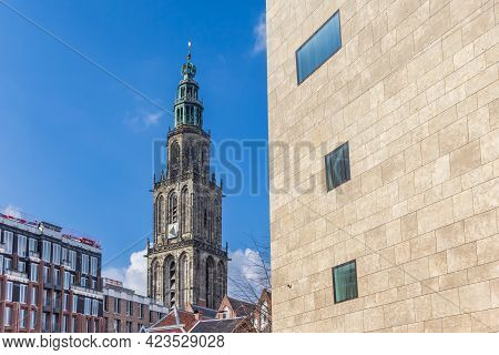 Groningen, Netherlands - March 07, 2020: Facade Of The Forum Building And Church Tower In Groningen,