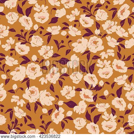 Hand-drawn Pen Brush Textured Flower And Leaf Illustration Motif Seamless Repeat Pattern Digital Fil