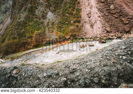 Georgia. Terek River Flows Through Georgia And Russia Into Caspian Sea. Spring Landscape With River 