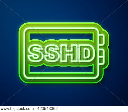 Glowing Neon Line Sshd Card Icon Isolated On Blue Background. Solid State Drive Sign. Storage Disk S