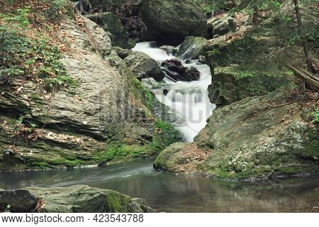 Silky Effect Of Waterfall Running In A Brook At Resovske Vodopady In Czech Republic.