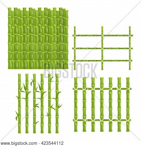 Set Green Bamboo Fence With Rope, Picket From Sticks, Nature Wall In Cartoon Style Isolated On White