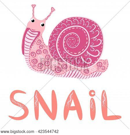 Pink Snail Beautiful Character, Scandinavian Style, Hand Drawn And Signed.