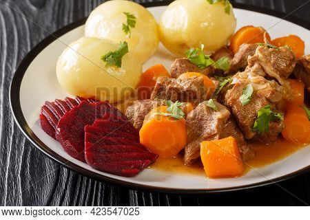 Swedish Kalops, An Authentic And Traditional Beef Stew Slow Simmered With Vegetables Close Up In The
