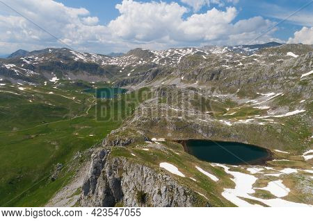 Kapetanovo And Manito Lakes In Montenegro In The Spring, Aerial View