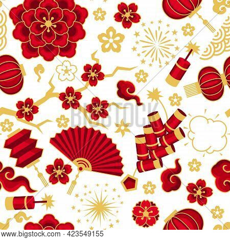Happy Chinese New Year Ceamless Pattern. Background With Oriental Symbols.