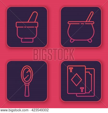 Set Line Magic Mortar And Pestle, Magic Hand Mirror, Witch Cauldron And Playing Cards. Blue Square B