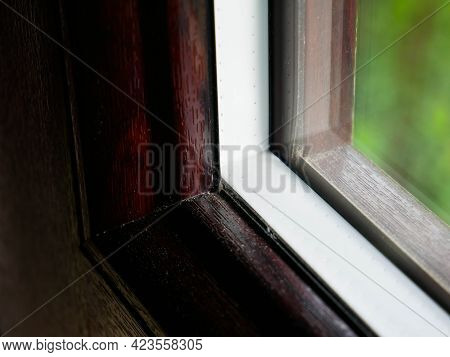 Pvc Mahagony Wood Imitation Front Door With Thermoinsulated Glass Close Up Shot.