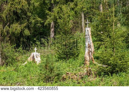 White High Stumps Decorated With A Cross On The Holy Spring Of St. Irinarch The Recluse In The Yaros