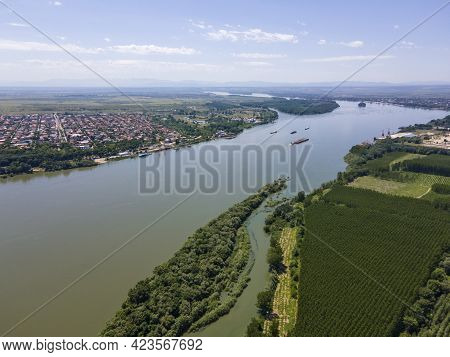 Aerial View Of Town Of Calafat At The Coast Of Danube River, Dolj Region, Romania