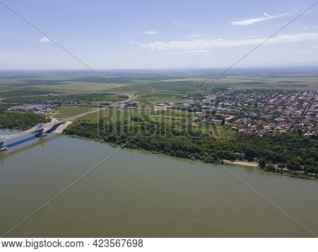 Aerial View Of Town Of Calafat At The Coast Of Danube River, Dolj Region, Romania