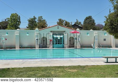 BREA, CALIFORNIA - 9 JUN 2021: The Plunge, a public swimming pool in City Hall Park. 